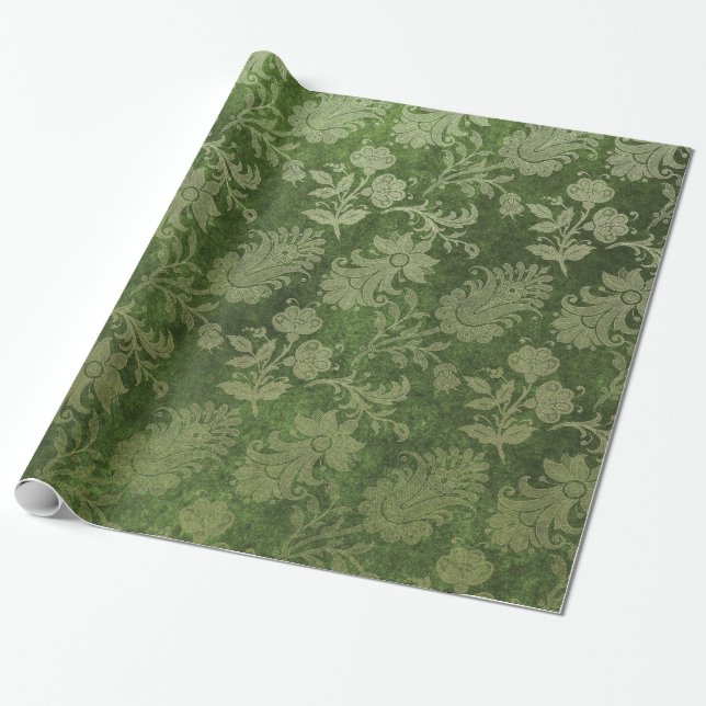 Papel De Presente Padrão floral de damascos reais verdes elegantes (Desenrolado)