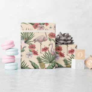 Papel De Presente Padrão Floral de Flamingo Marfim Tropical
