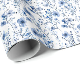 Papel De Presente Padrão Floral de Flor Silvestre Aquarela Azul Bran