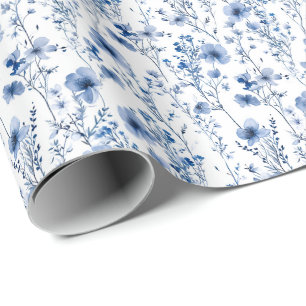 Papel De Presente Padrão Floral de Flor Silvestre Aquarela Azul Bran
