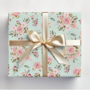 Papel De Presente Padrão Floral de Flores de Rosa Rosa em Aquarela