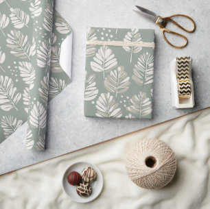 Papel De Presente Padrão Floral de Folha Verde Clara Escandinava Sal