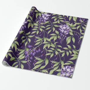 Papel De Presente Padrão Floral de Folhas Verdes e Wisteria
