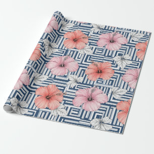 Papel De Presente Padrão Floral de Hibisco Azul Elegante (6)