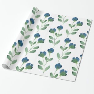 Papel De Presente Padrão Floral de Indígo Azul e Verde da Cor da