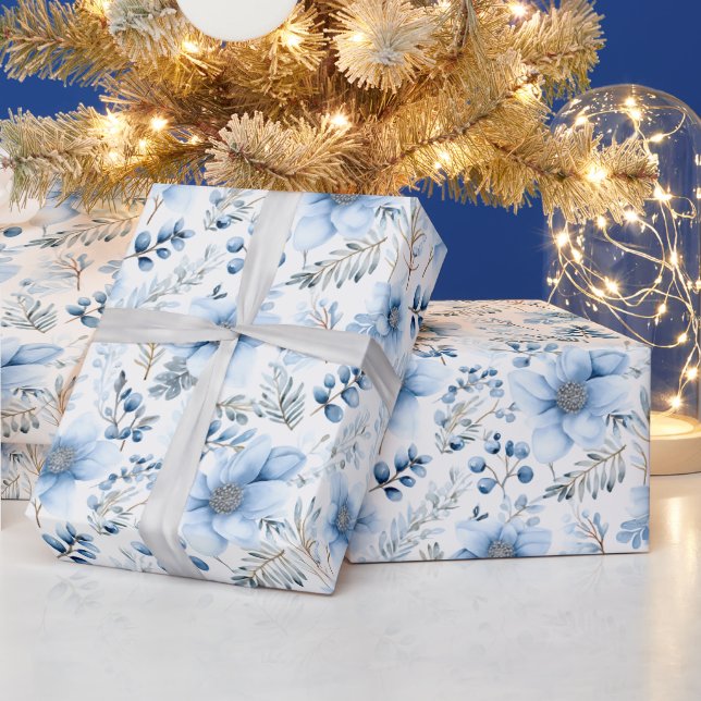 Papel De Presente Padrão Floral de Inverno Azul (Feriados)