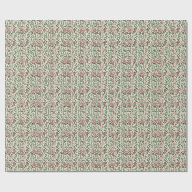 Papel De Presente Padrão Floral de Jardim Inglês Antigo com Pássaros (Aberto)
