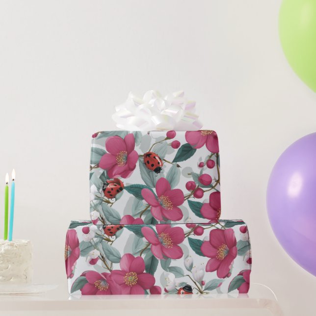 Papel De Presente Padrão Floral de Joaninha (Presentes para festas)