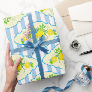 Papel De Presente Padrão Floral de Limões Azuis e Amarelos de Verão