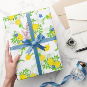 Papel De Presente Padrão Floral de Limões Azuis e Amarelos de Verão