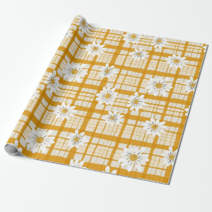 Papel De Presente Padrão Floral de Margarida Branca em Gingham Amare
