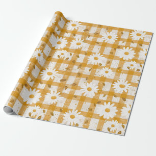 Papel De Presente Padrão Floral de Margarida Branca em Gingham Amare