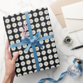 Papel De Presente Padrão Floral de Margarida Branca em Preto