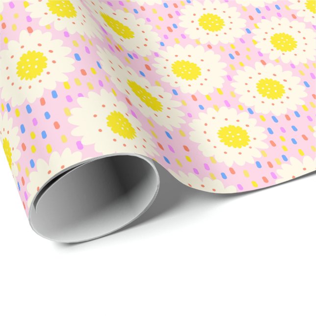 Papel De Presente Padrão Floral de Margarida Rosa Groovy Retrô dos A (Ponta do rolo)