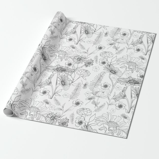 Papel De Presente Padrão floral de margaridas brancas e pretas (Desenrolado)