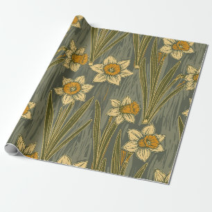 Papel De Presente Padrão Floral de Narciso Amarelo Branco Minimalist