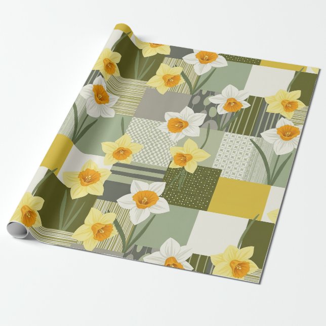 Papel De Presente Padrão Floral de Narciso de Meados do Século (Desenrolado)