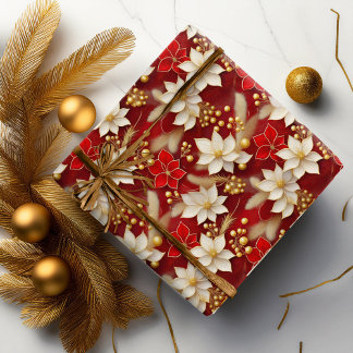 Papel De Presente Padrão Floral de Natal Branco Vermelho nº 17 ID100