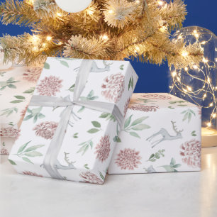 Papel De Presente Padrão floral de Natal elegante com veado