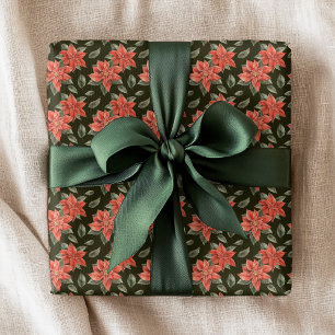 Papel De Presente Padrão Floral de Natal Verde com Poinsettia Vermel