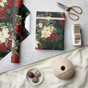 Papel De Presente Padrão Floral de Natal Vintage Fantasia