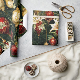 Papel De Presente Padrão Floral de Natal Vintage Fantasia