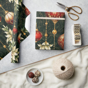 Papel De Presente Padrão Floral de Natal Vintage Fantasia