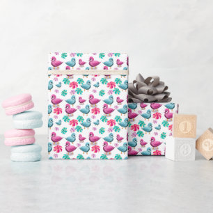 Papel De Presente Padrão Floral de Pato Fofo Kawaii Rosa Azul