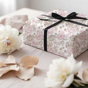 Papel De Presente Padrão Floral de Peônia e Folhas Desenhado à Mão c