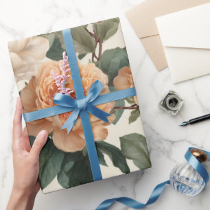 Papel De Presente Padrão Floral de Peônia em Marfim Rosa Romântico