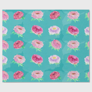 Papel De Presente Padrão Floral de Peônias Rosa Watercolor Verde-Azu