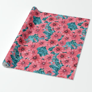Papel De Presente Padrão floral de petúnia de cor vermelha