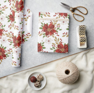 Papel De Presente Padrão Floral de Poinsettia de Inverno Elegante