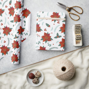 Papel De Presente Padrão Floral de Poinsettia Vermelha Feriados de 