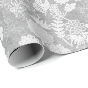 Papel De Presente Padrão floral de prata e branco