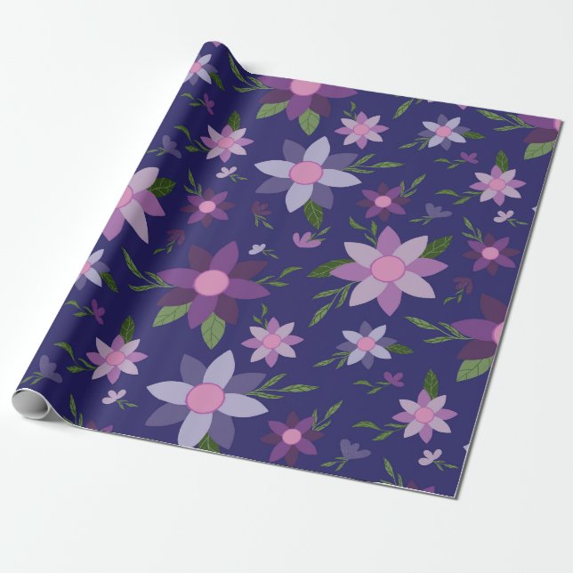 Papel De Presente Padrão floral de primavera em fundo azul (Desenrolado)