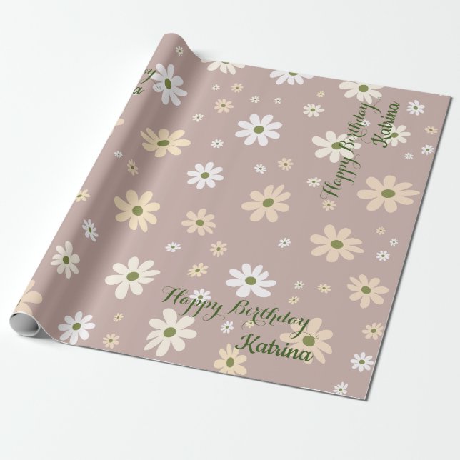 Papel De Presente Padrão Floral de Retro Daisy Personalizado Anivers (Desenrolado)