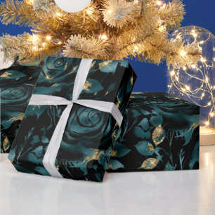 Papel De Presente Padrão Floral de Rosa Elegante em Verde-Azul e Dou