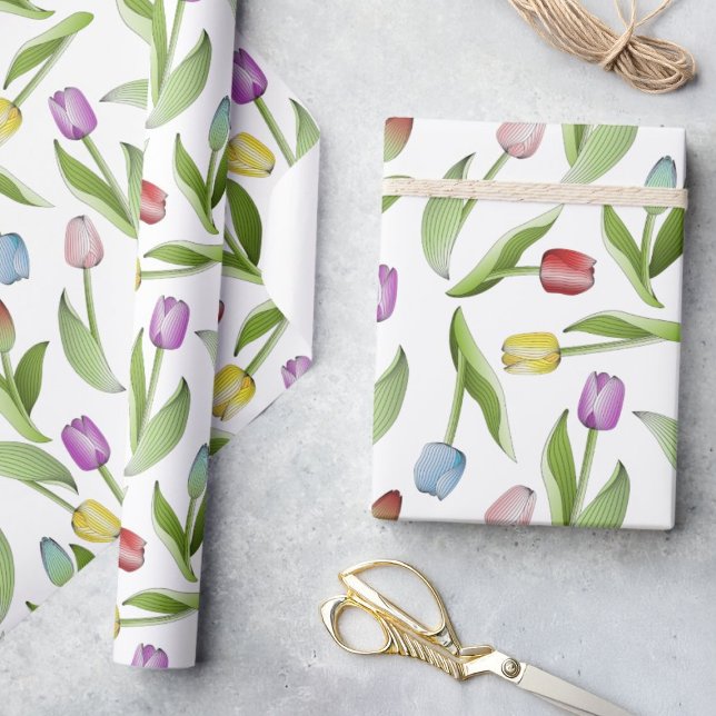 Papel De Presente Padrão Floral de Tulipas Coloridas Modernas (Criador carregado)