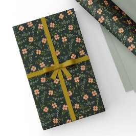 Papel De Presente Padrão Floral Delicado em Aquarela Verde Escuro