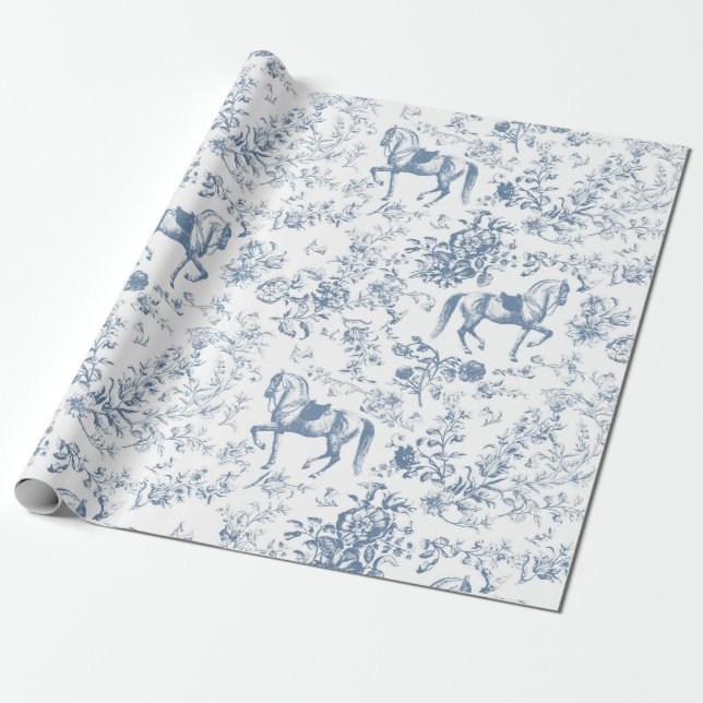 Papel De Presente Padrão Floral do Cavalo Branco Azul Elegante (Desenrolado)