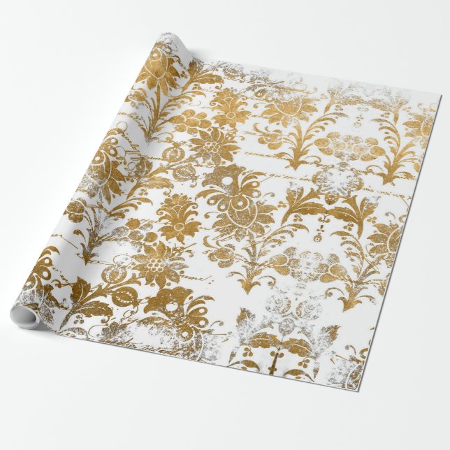 Papel De Presente Padrão Floral do Damask Dourado Grunge Style Vinta (Desenrolado)