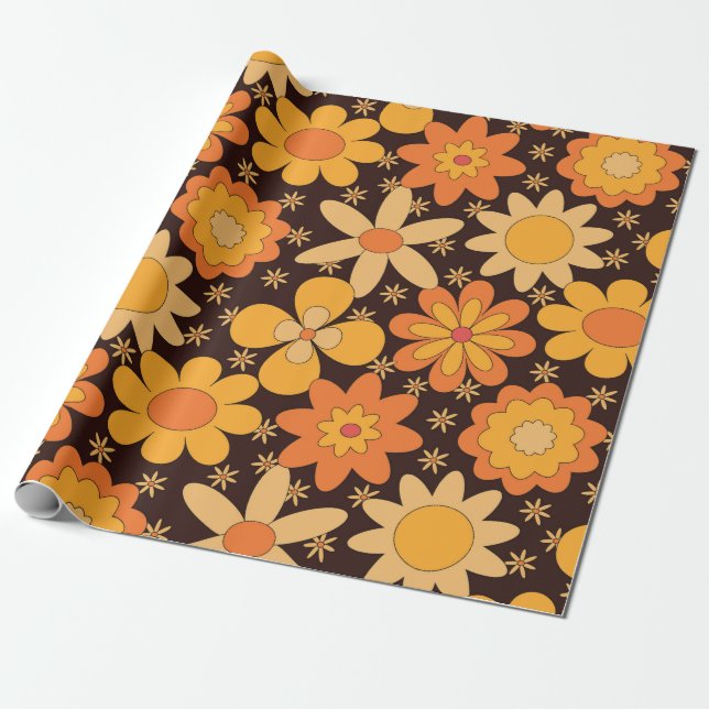 Papel De Presente Padrão Floral do Groovy Retro Amarelo e Laranja (Desenrolado)