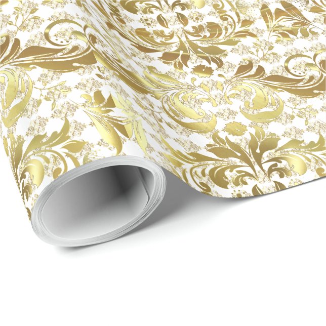 Papel De Presente Padrão Floral Dourado E Branco (Ponta do rolo)