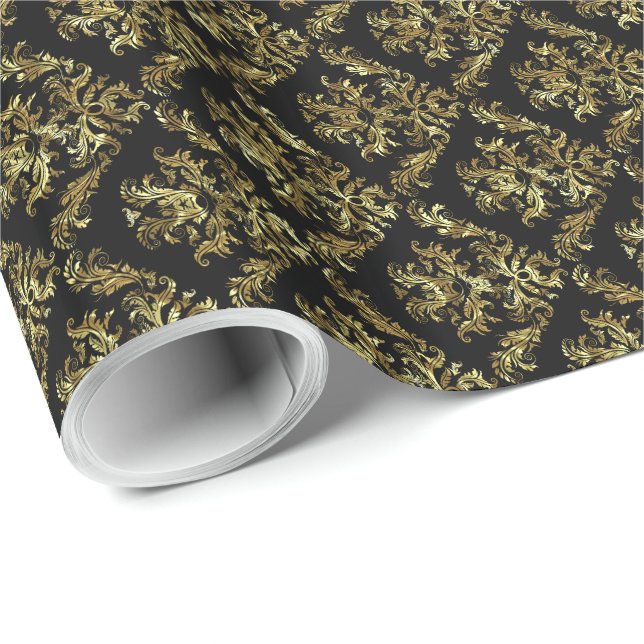 Papel De Presente Padrão Floral Dourado E Preto Elegante (Ponta do rolo)