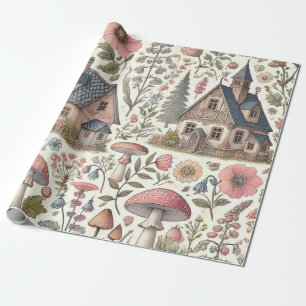 Papel De Presente Padrão Floral e de Cogumelo Cottagecore
