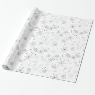 Papel De Presente Padrão Floral e de Pássaros Caprichoso e Fofo em B