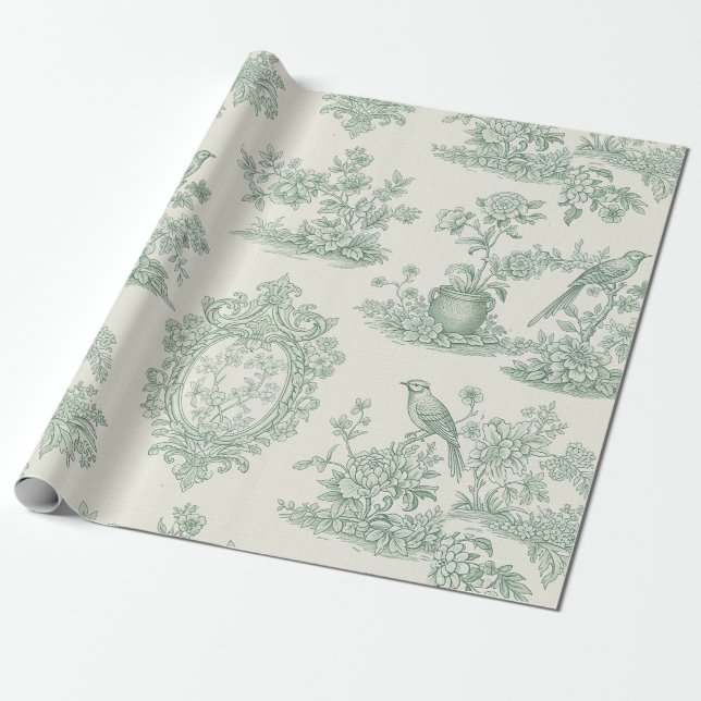 Papel De Presente Padrão Floral e de Pássaros em Toile Verde Menta (Desenrolado)