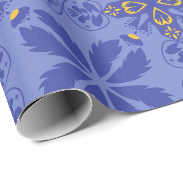 Papel De Presente padrão floral e geométrico em dourado e azul (Criador carregado)