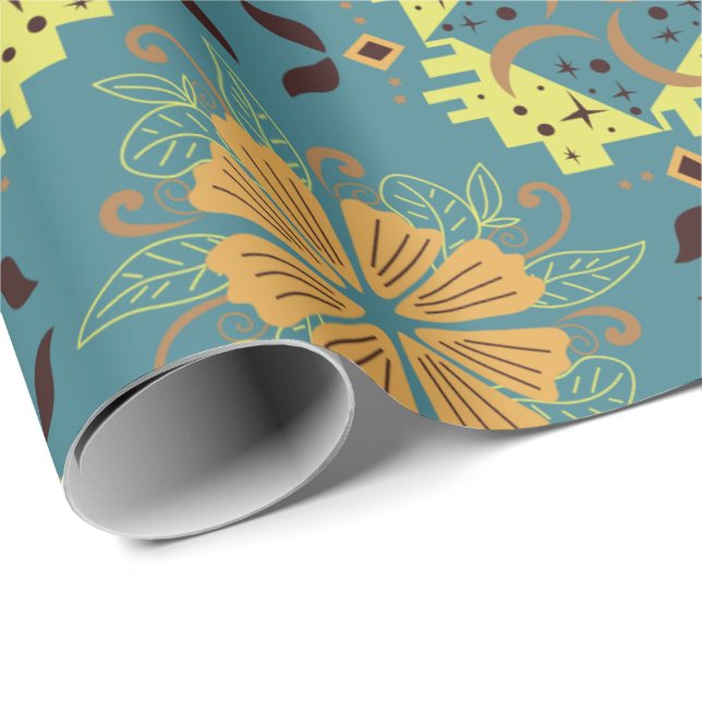 Papel De Presente Padrão floral e geométrico intrincado com laranja (Ponta do rolo)